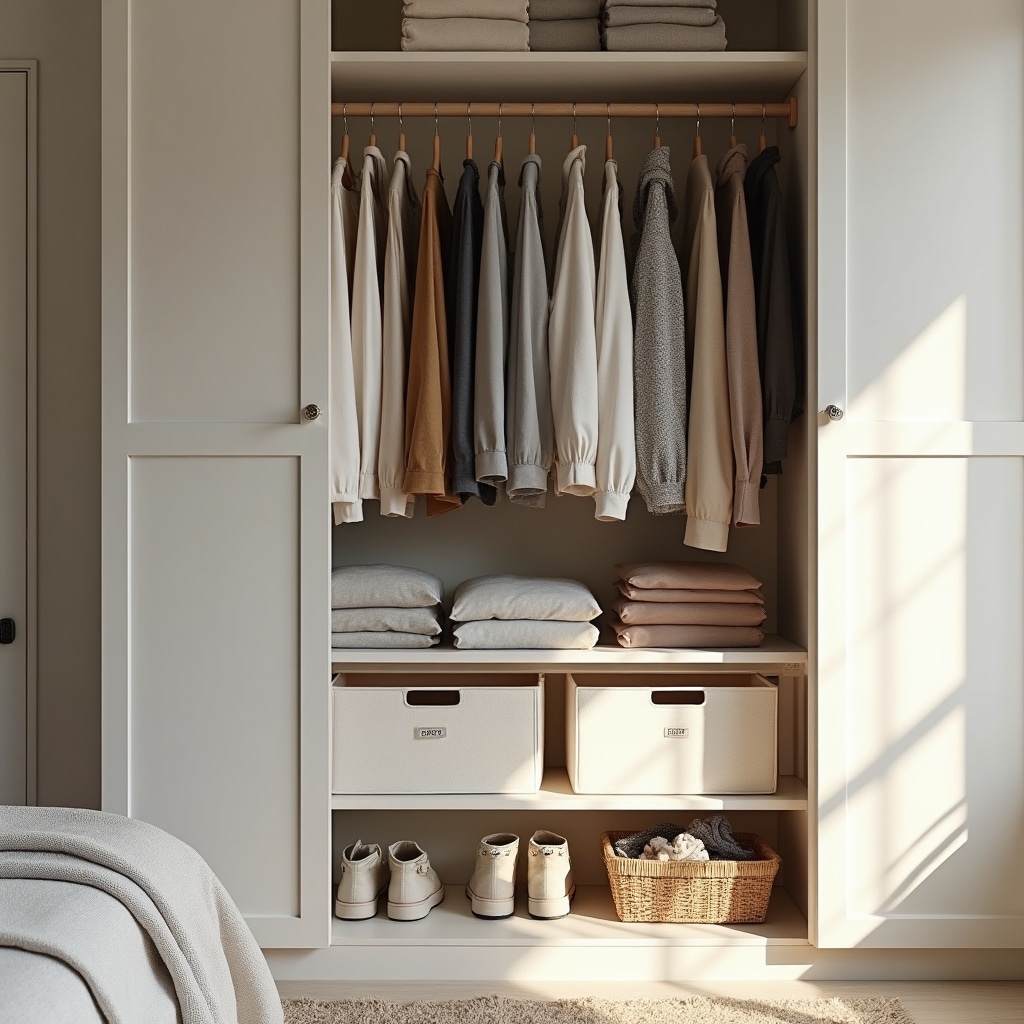 Aufgeräumter Kleiderschrank im Schlafzimmer